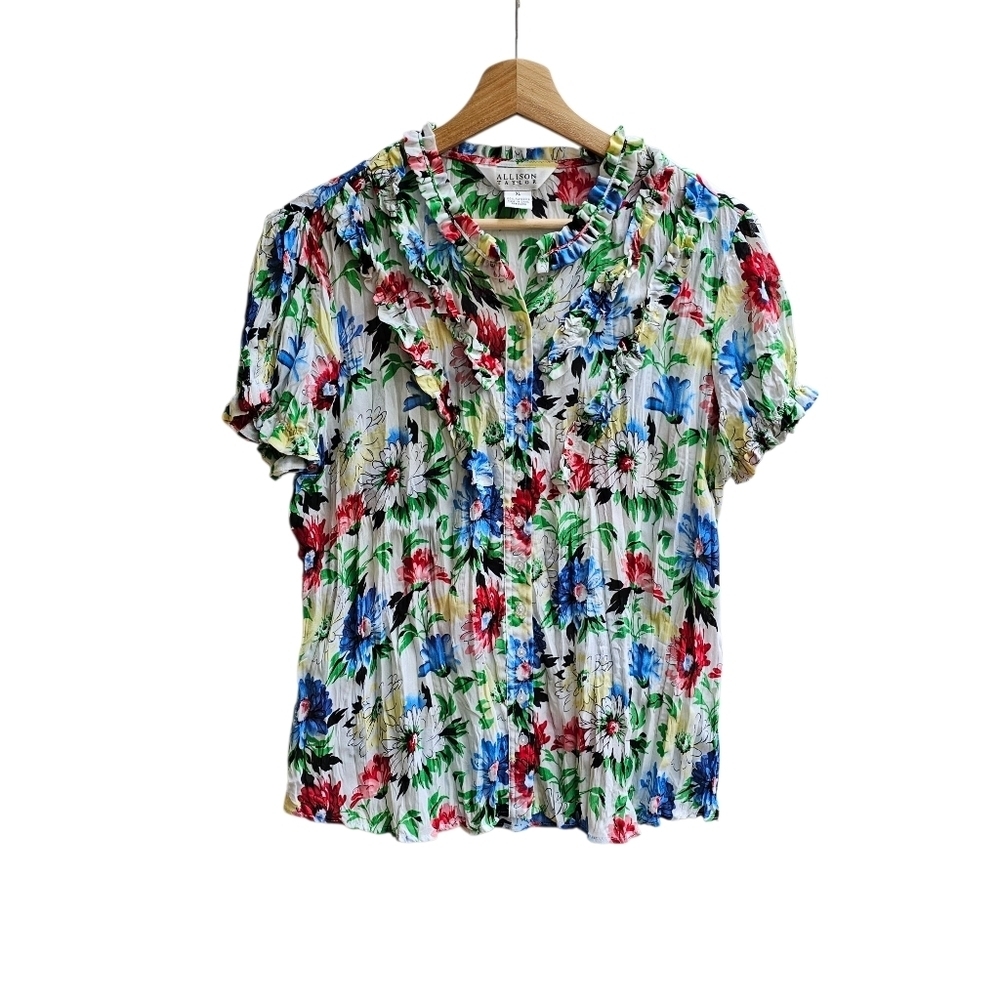 Vintage Allison Taylor Floral Ruffle Plisse Pleat Blouse Short Sleeve Size Large